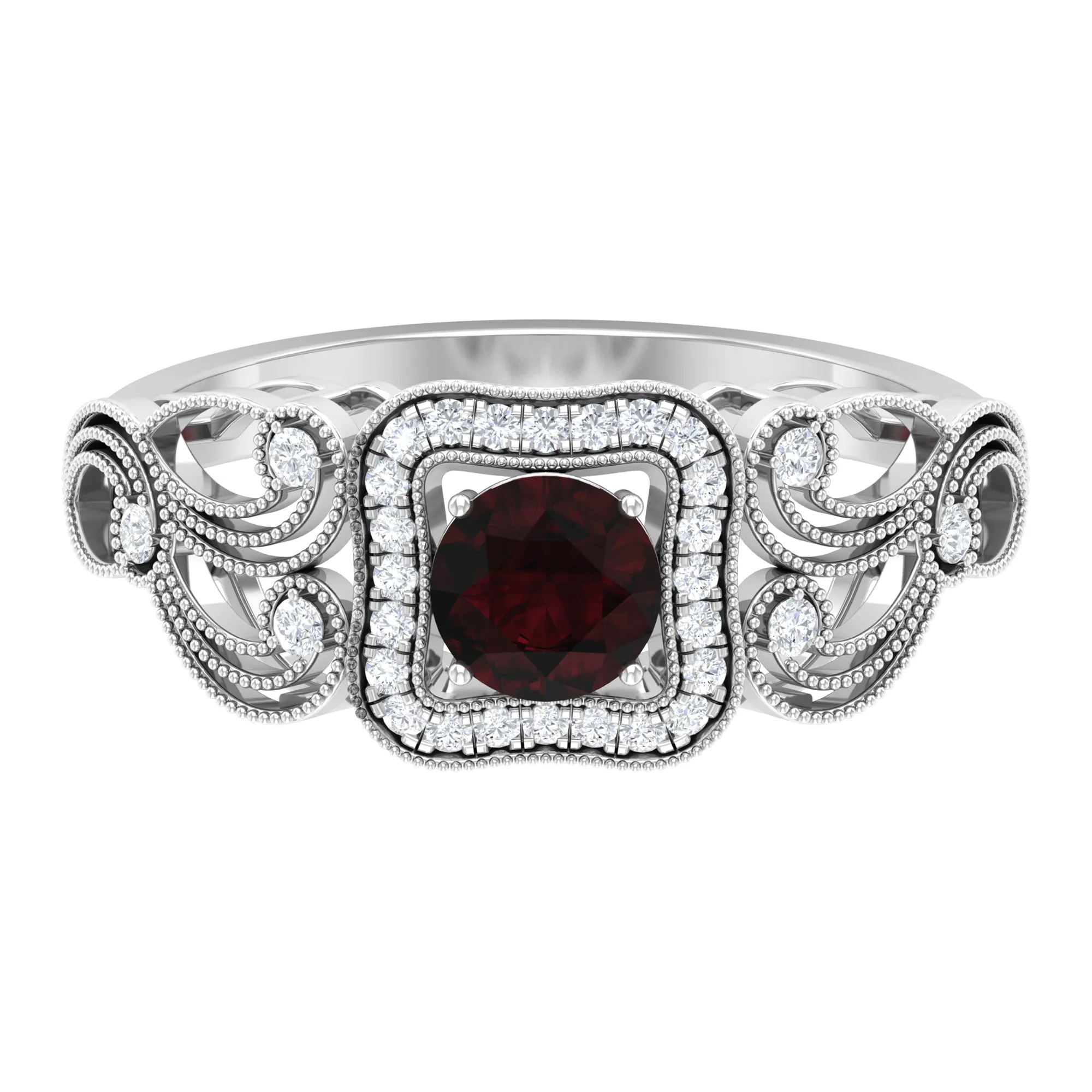 0.75 CT Garnet and Diamond Art Deco Engagement Ring with Milgrain Details