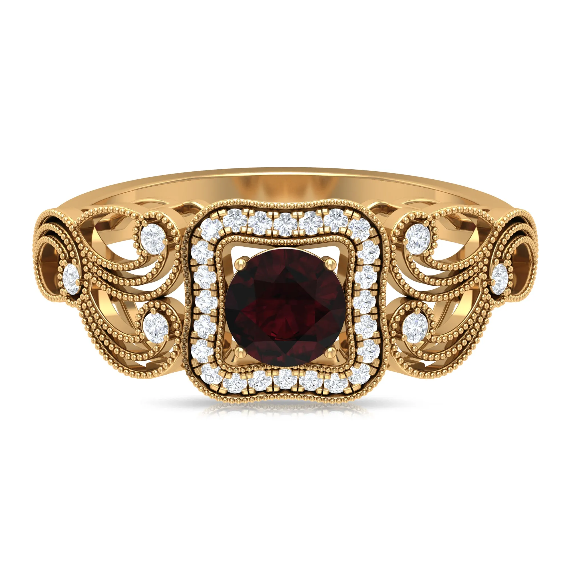 0.75 CT Garnet and Diamond Art Deco Engagement Ring with Milgrain Details