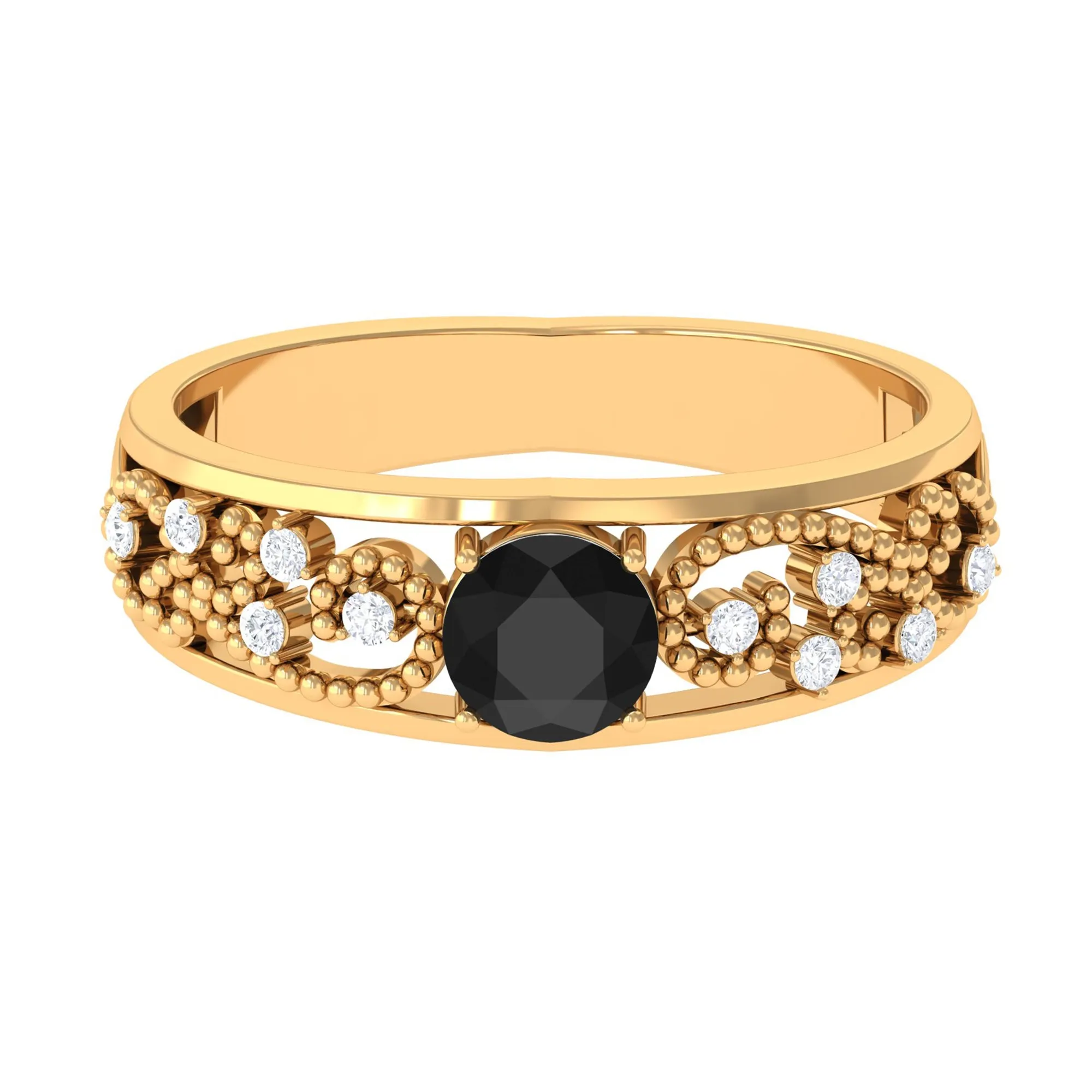 1 CT Beaded Created Black Diamond Solitaire Band Ring with Diamond Accent