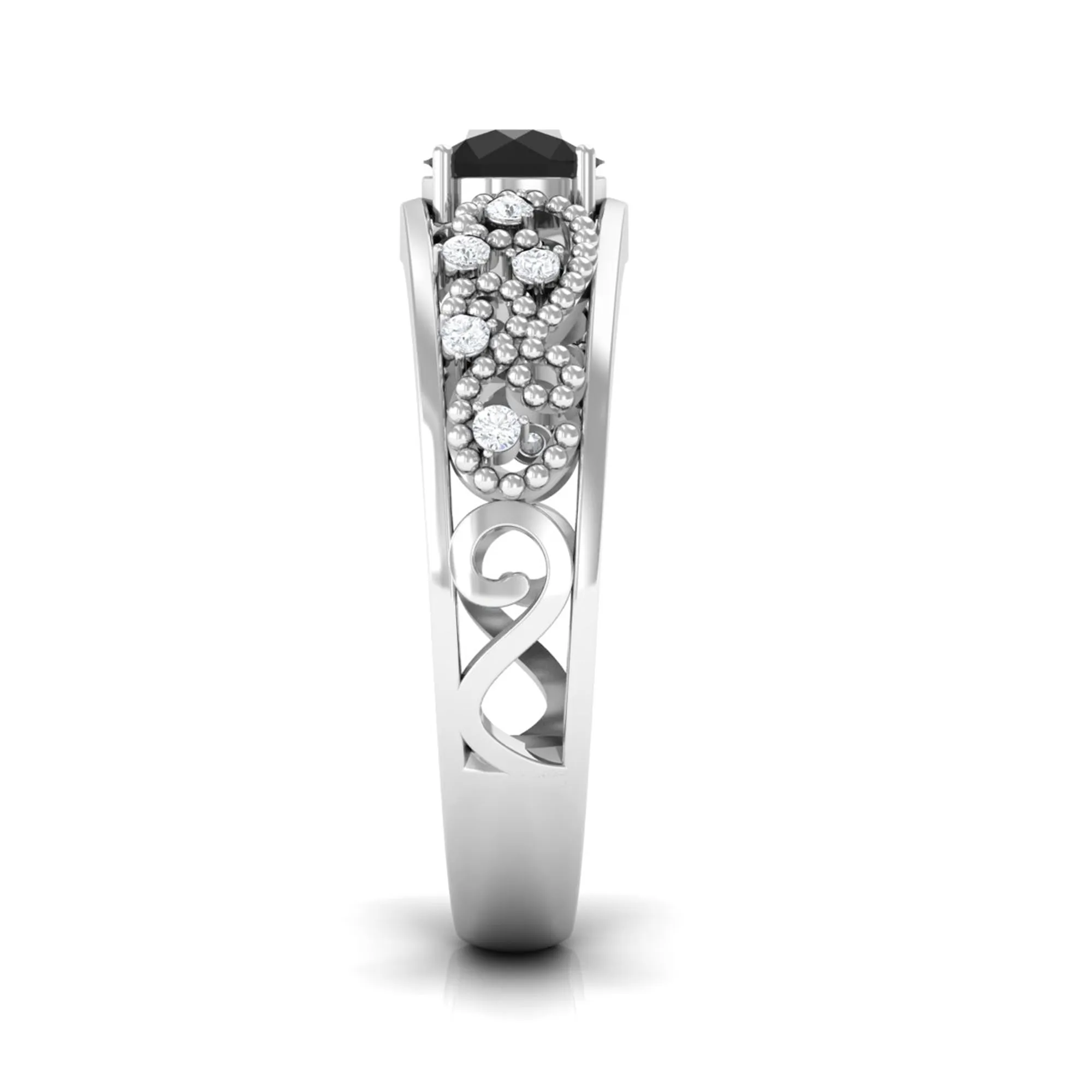 1 CT Beaded Created Black Diamond Solitaire Band Ring with Diamond Accent