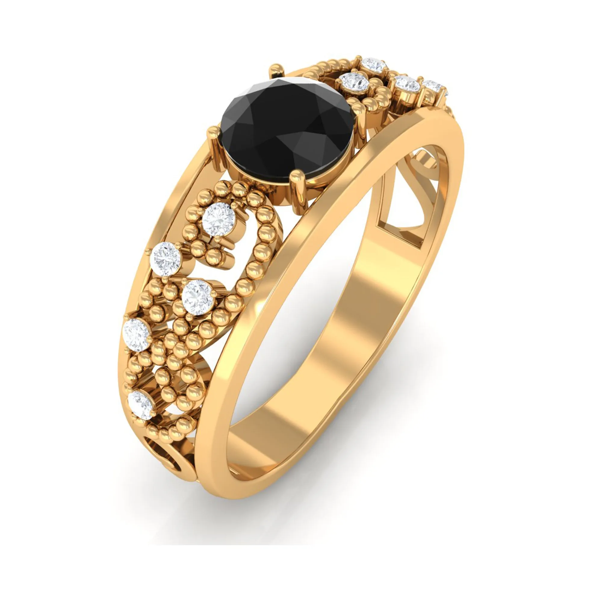 1 CT Beaded Created Black Diamond Solitaire Band Ring with Diamond Accent