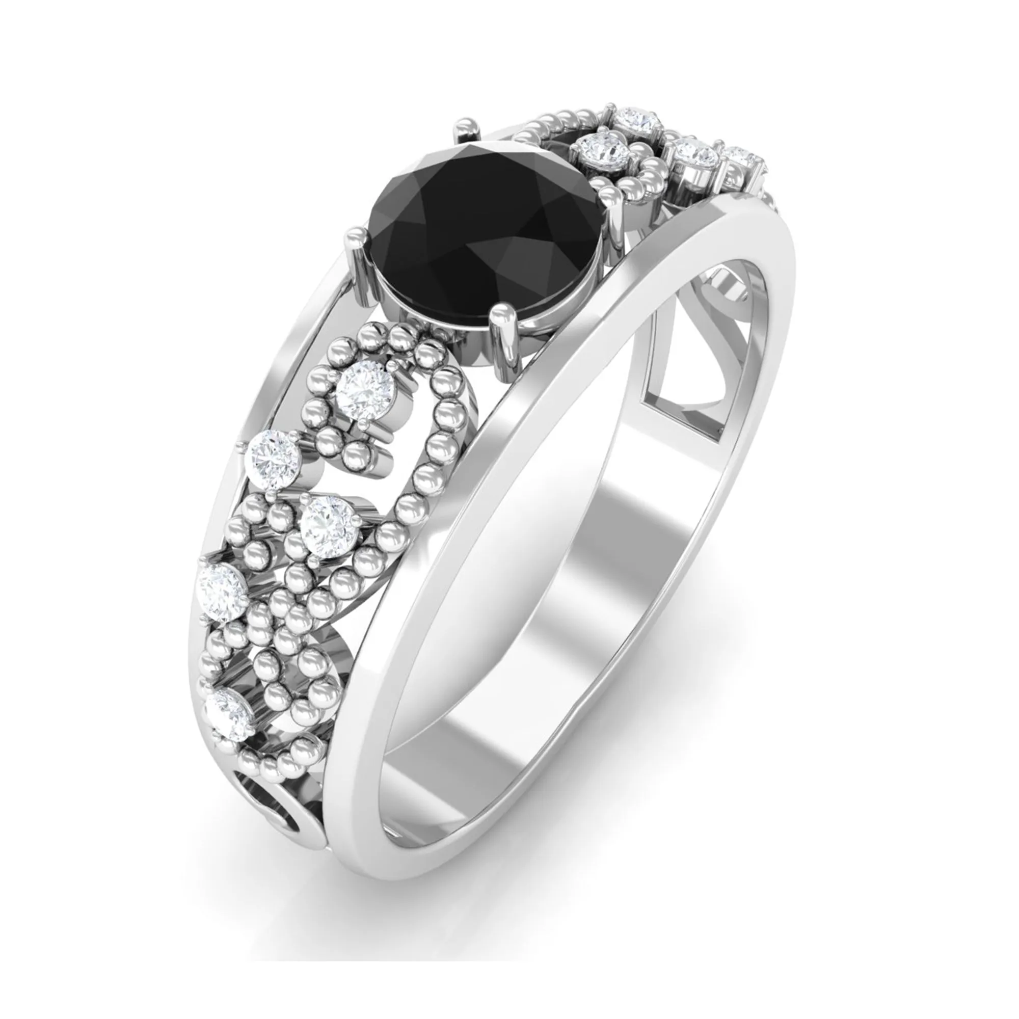 1 CT Beaded Created Black Diamond Solitaire Band Ring with Diamond Accent