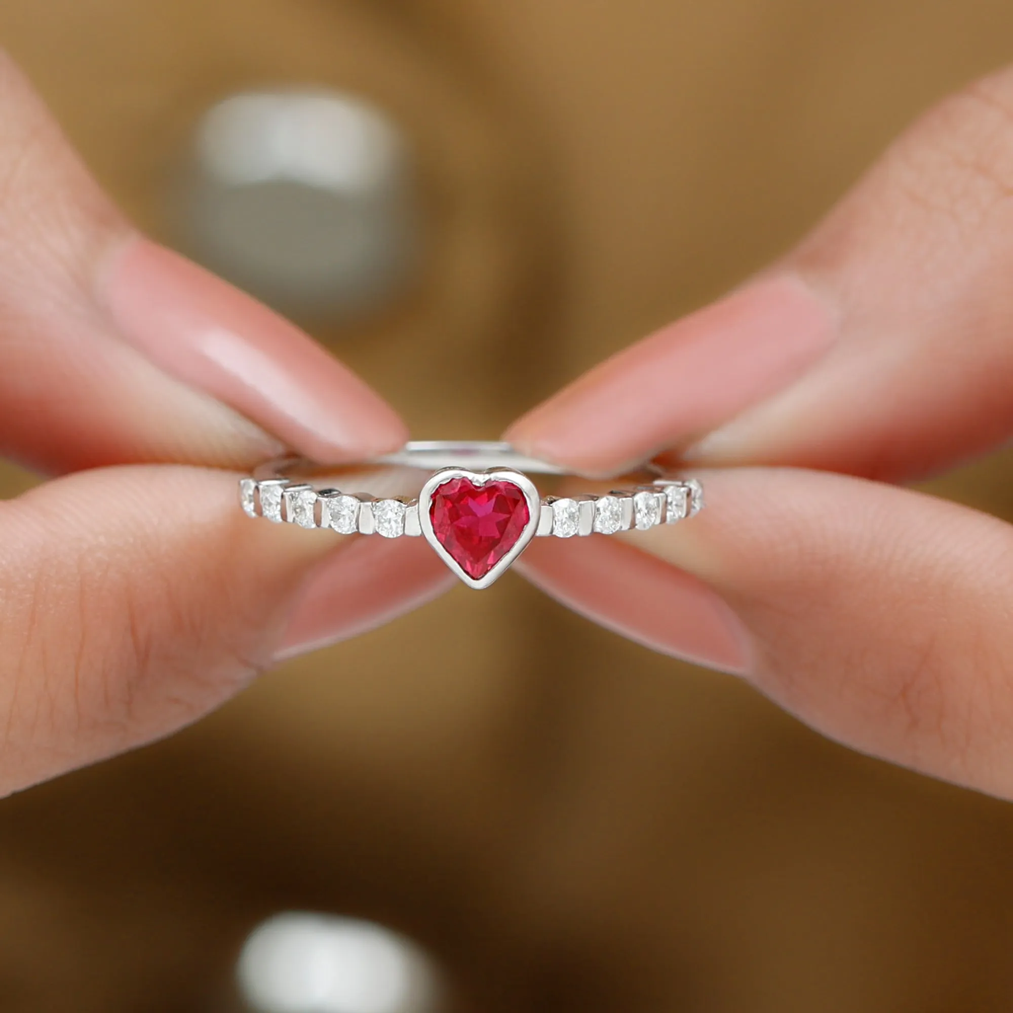 1 CT Heart Shape Created Ruby Solitaire Engagement Ring with Diamond