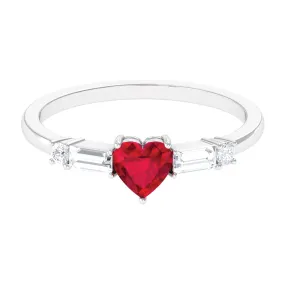 1 CT Heart Shape Created Ruby Solitaire Promise Ring with Diamond