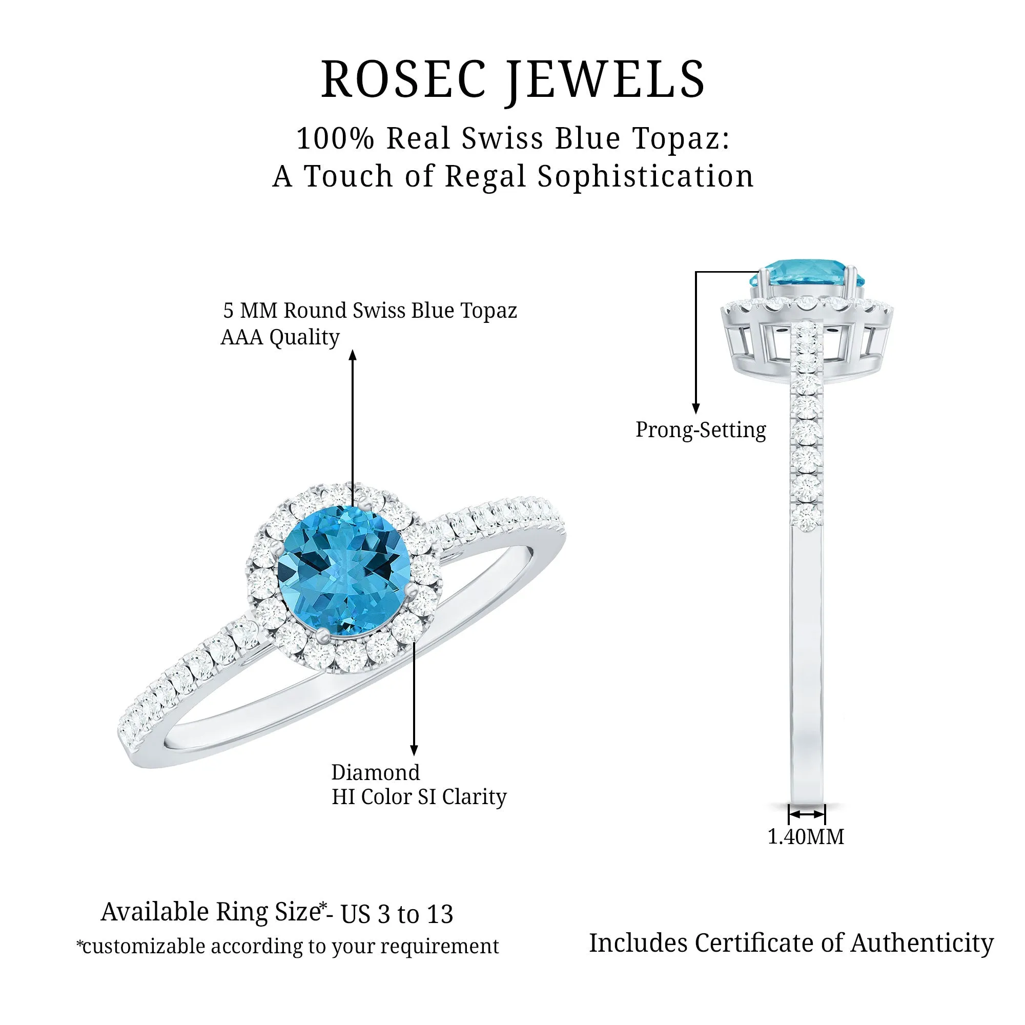 1 CT Swiss Blue Topaz Solitaire Ring with Diamond Accents