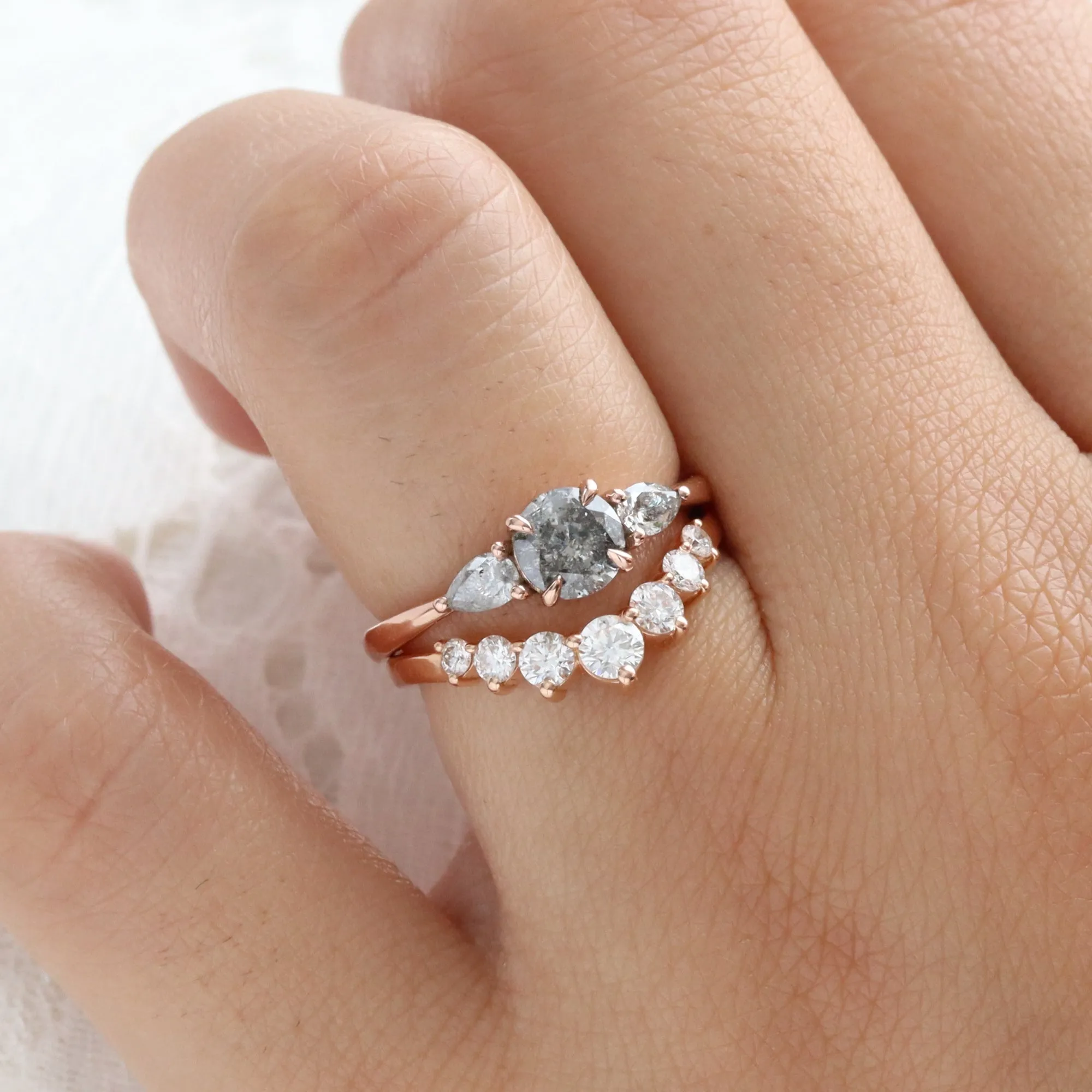 1.00 Ct Salt and Pepper Diamond Ring in 14k Rose Gold Low Set 3 Stone Ring Size 6.5