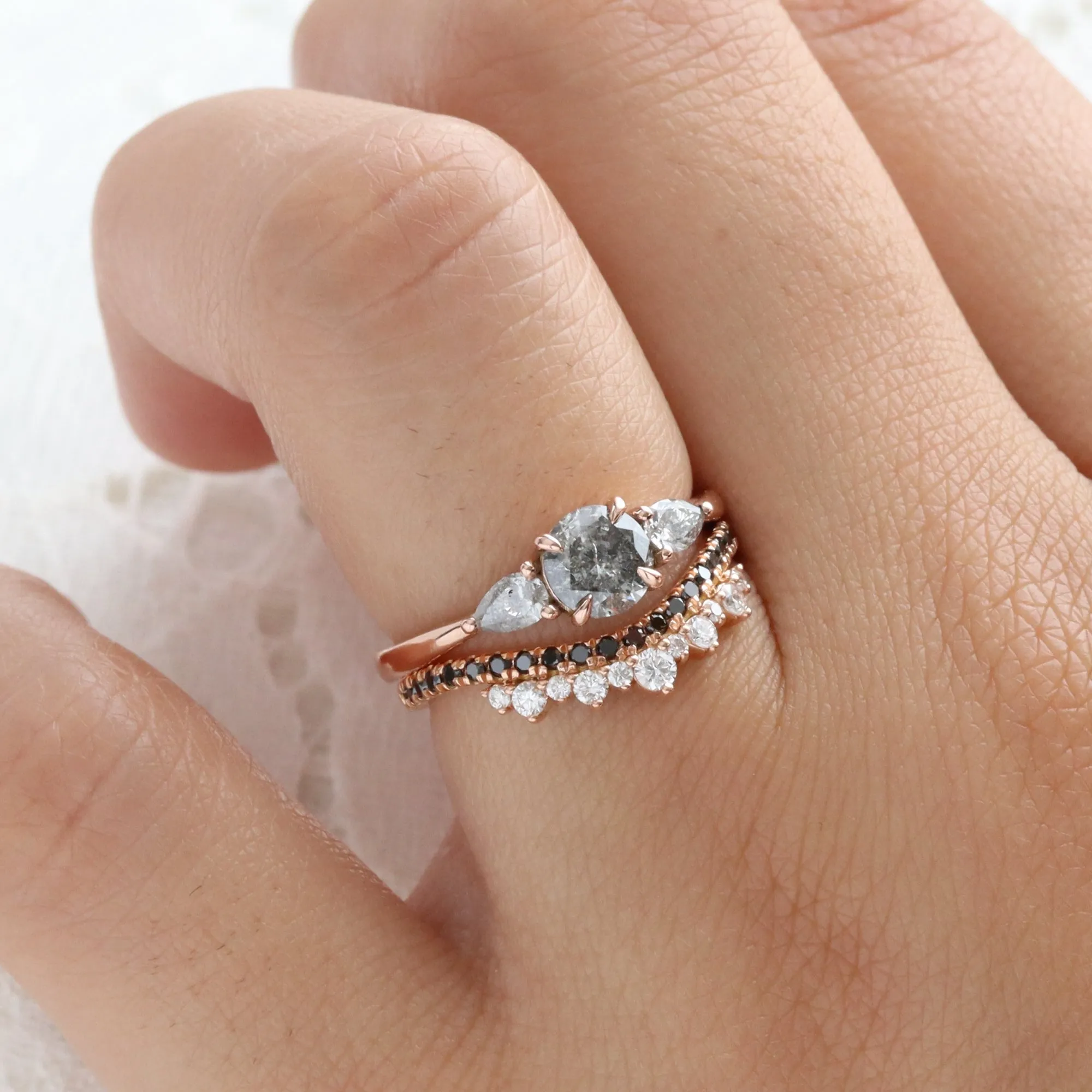 1.00 Ct Salt and Pepper Diamond Ring in 14k Rose Gold Low Set 3 Stone Ring Size 6.5