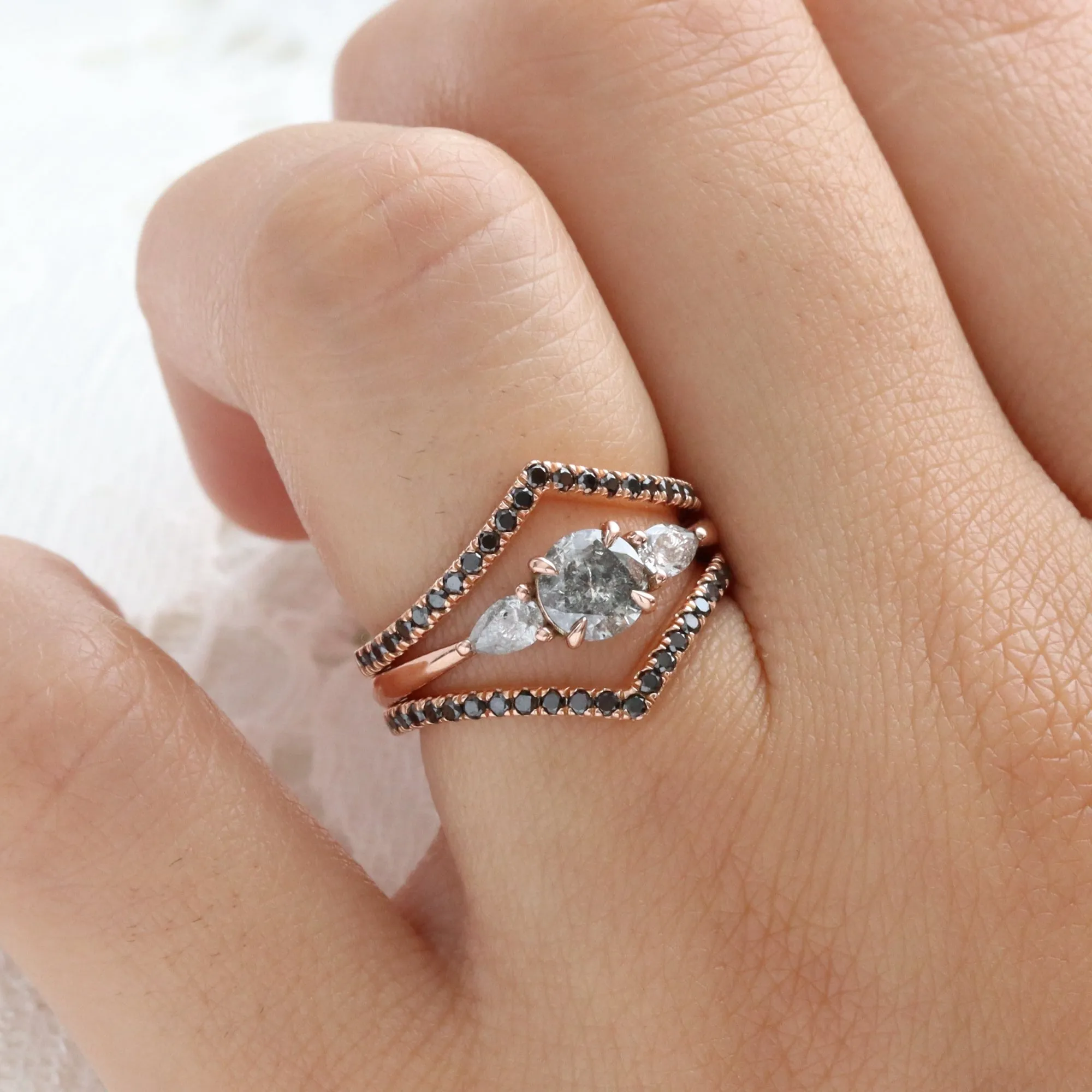 1.00 Ct Salt and Pepper Diamond Ring in 14k Rose Gold Low Set 3 Stone Ring Size 6.5