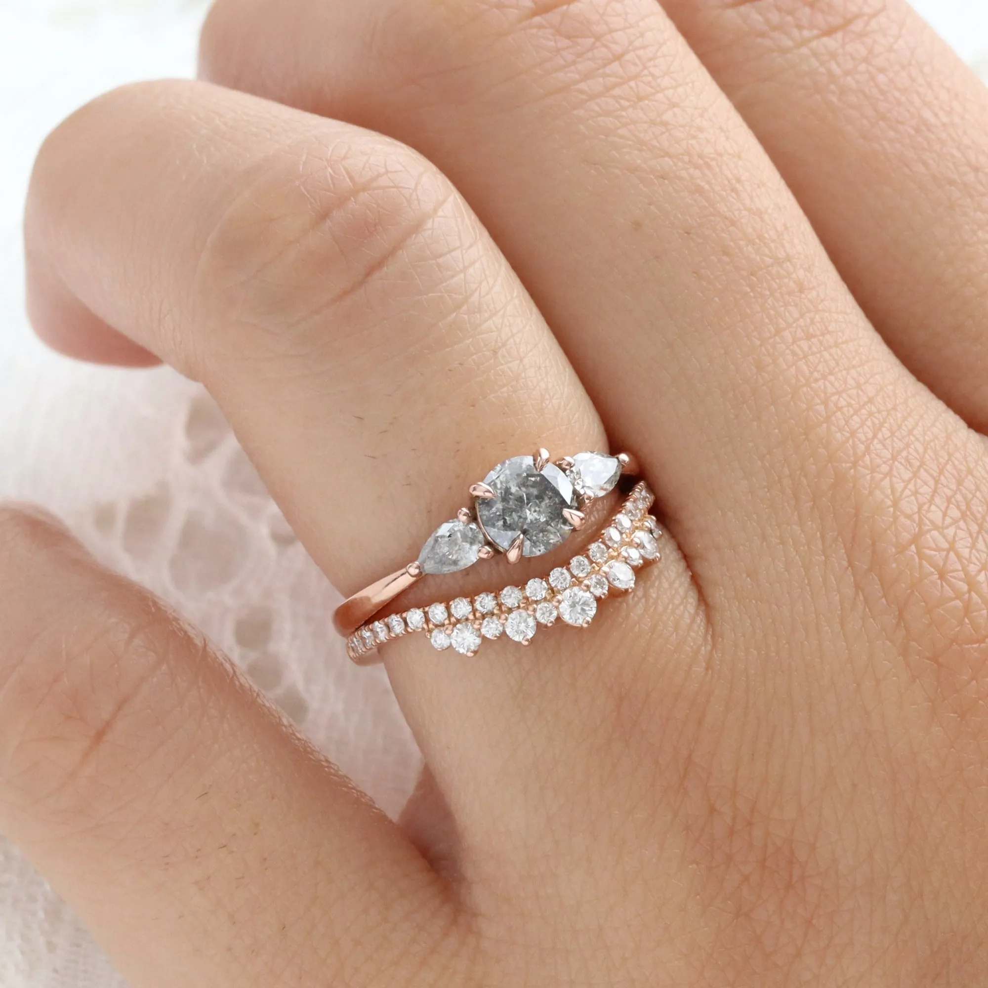 1.00 Ct Salt and Pepper Diamond Ring in 14k Rose Gold Low Set 3 Stone Ring Size 6.5