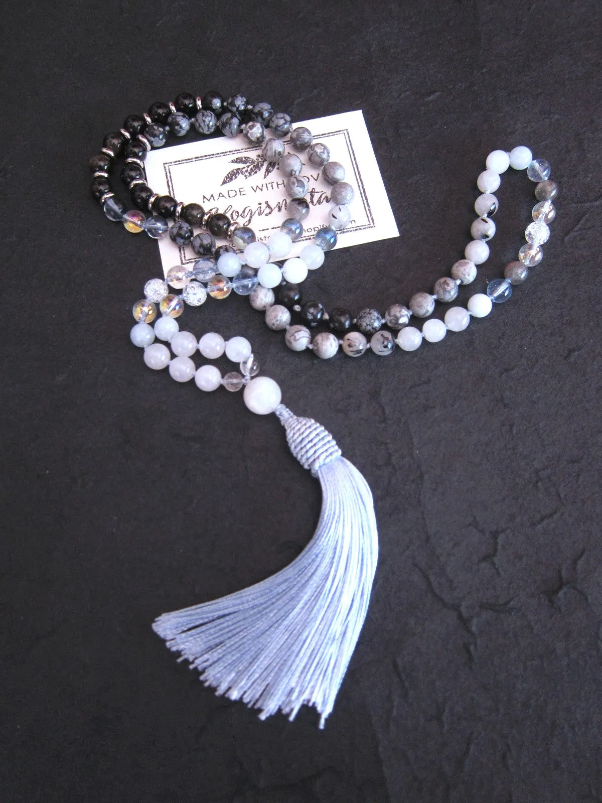 108 Bead Mala Tassel Necklace in Rainbow Labradorite, Moonstone, Aquamarine, Snowflake Obsidian