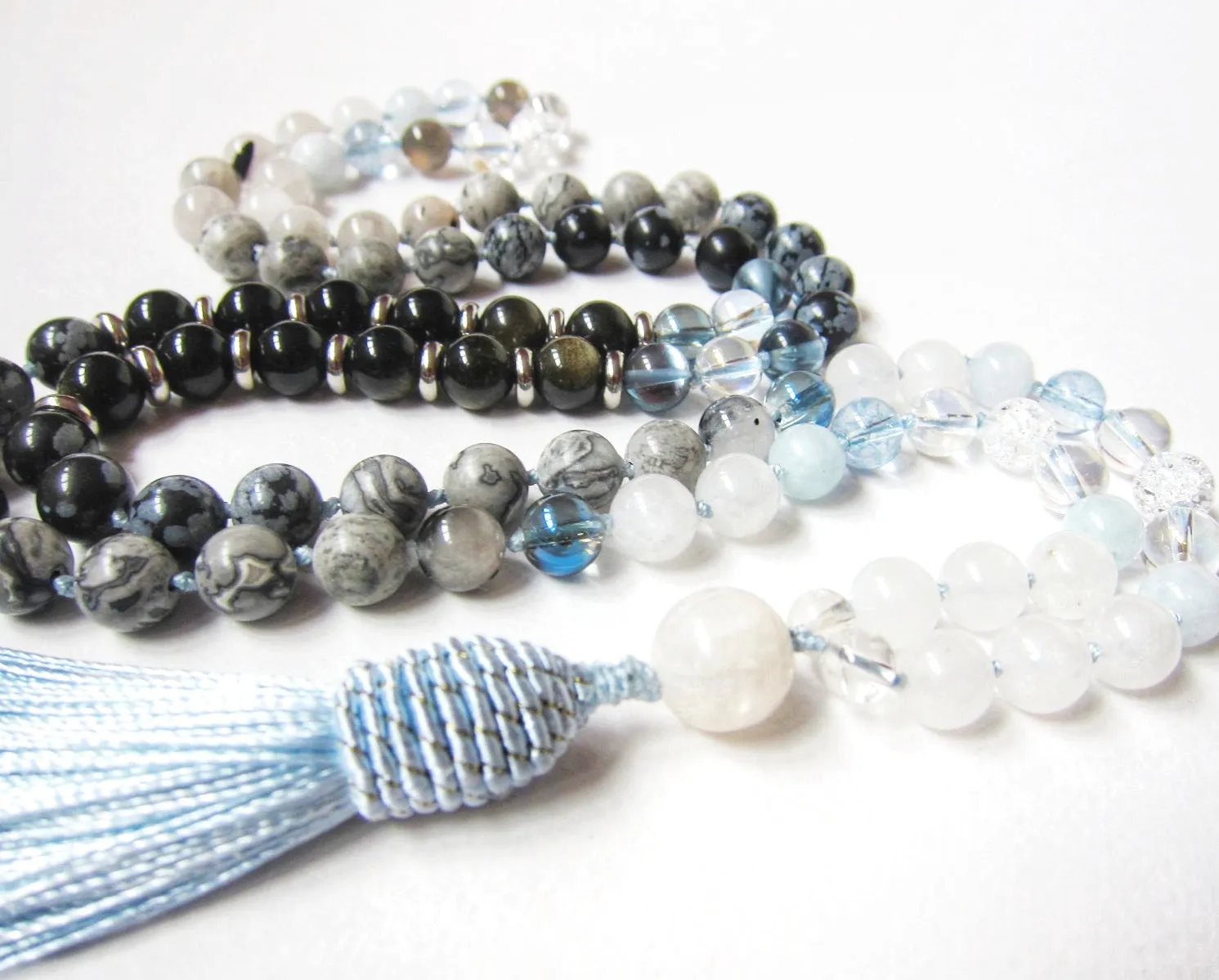 108 Bead Mala Tassel Necklace in Rainbow Labradorite, Moonstone, Aquamarine, Snowflake Obsidian