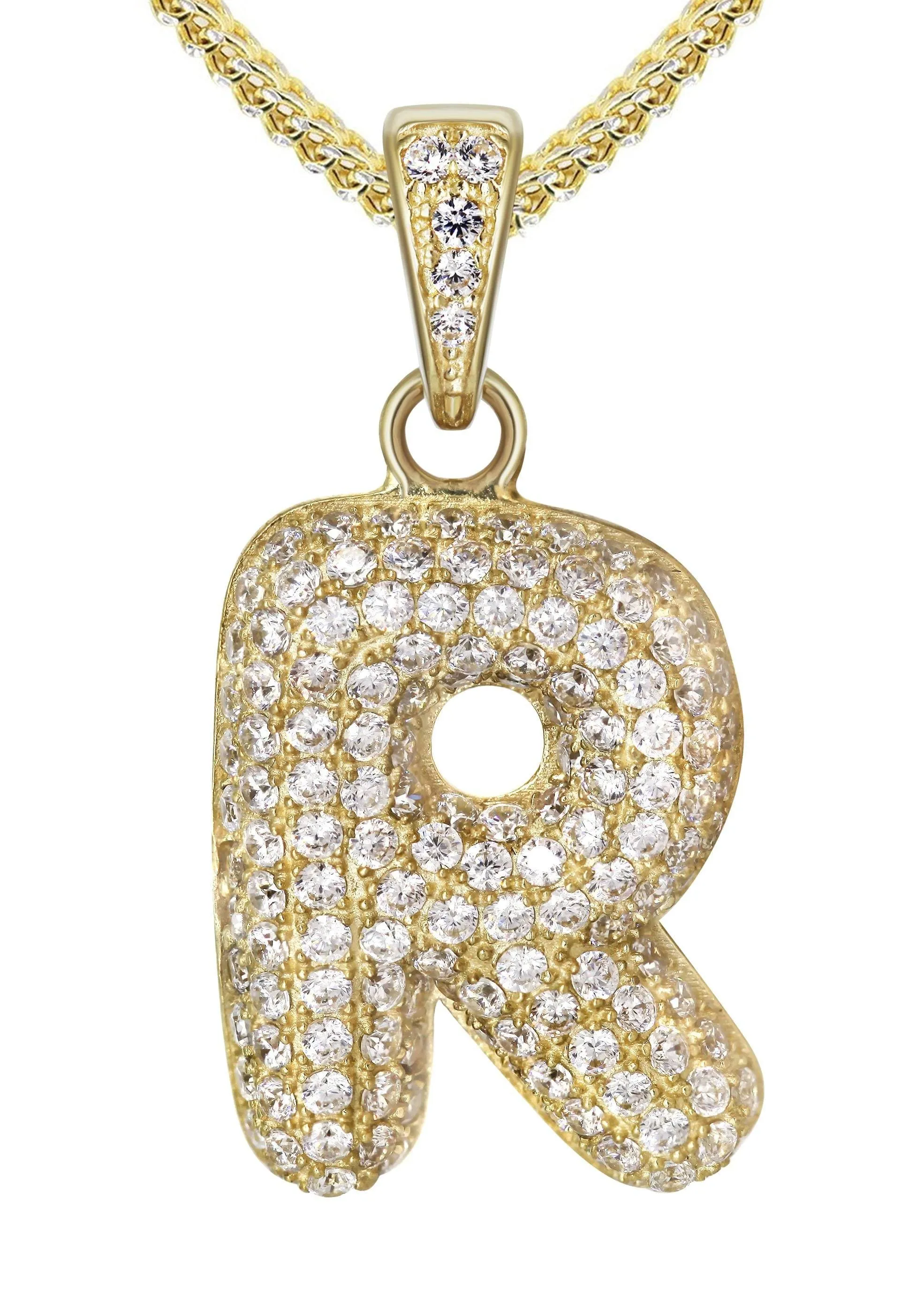 10K Yellow Gold Bubble Letter "R" CZ Necklace | Appx. 13.6 Grams