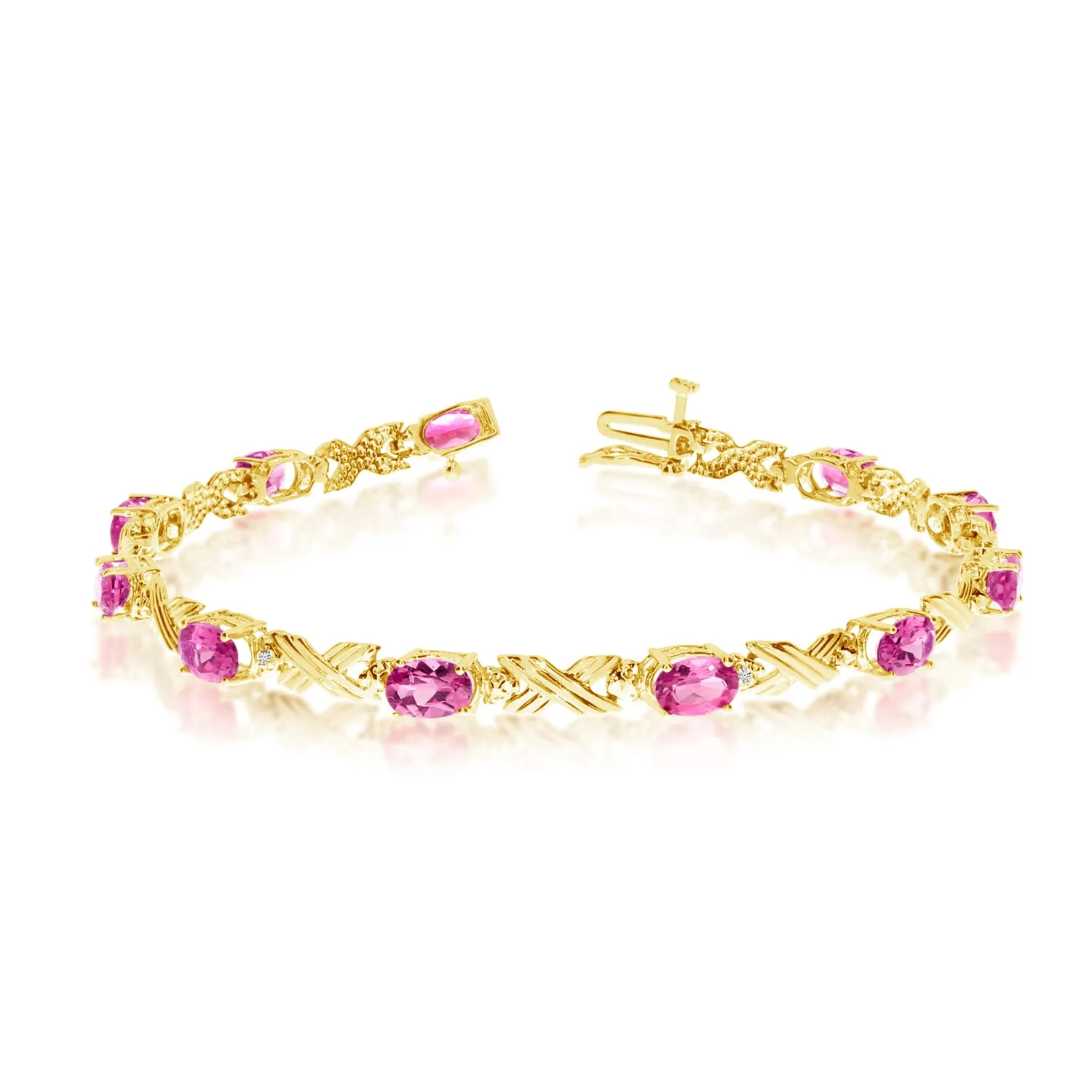 10K Yellow Gold Oval Pink Topaz Stones And Diamonds Tennis Bracelet, 7"