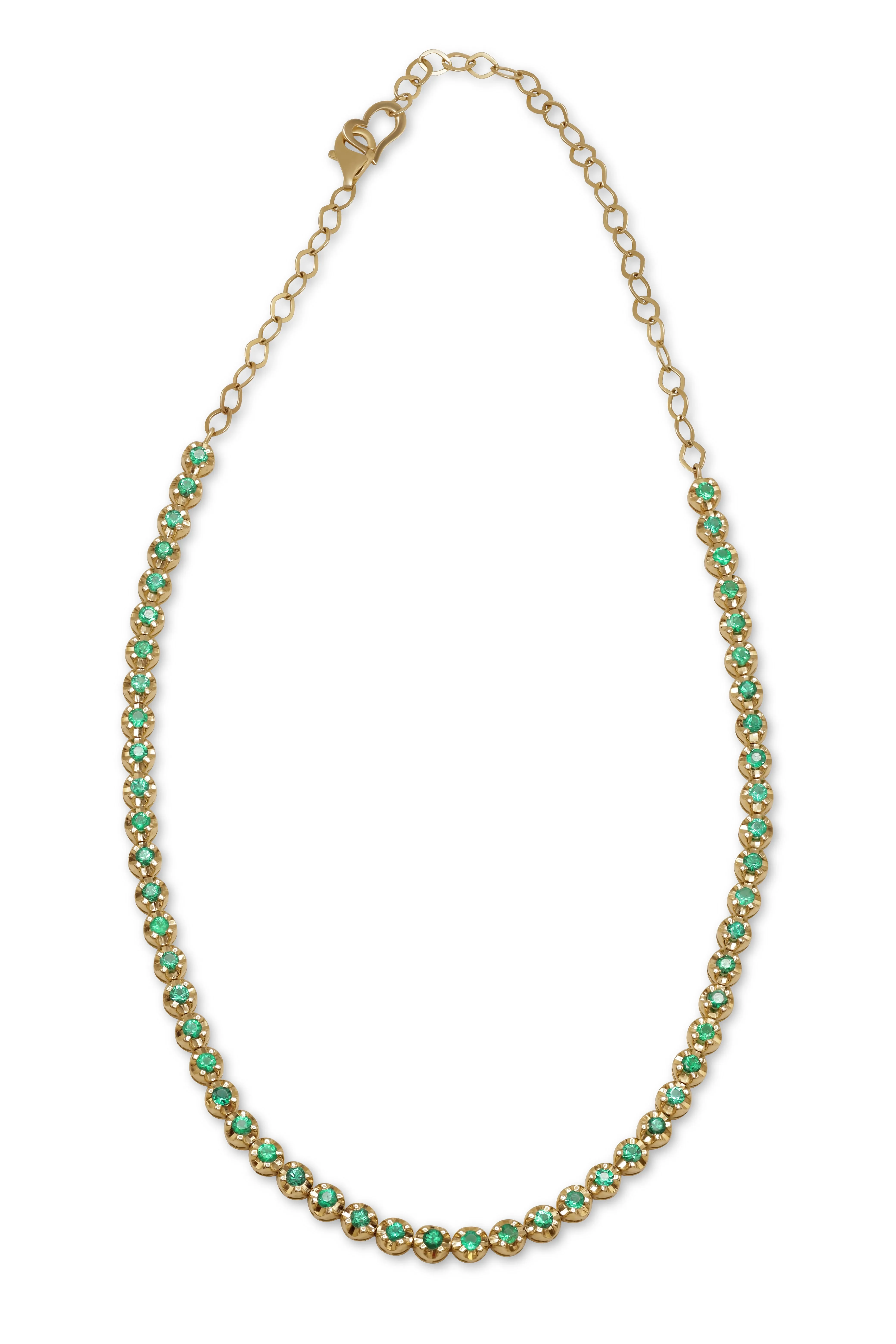 14 kt yellow gold, 14" 4 prong emerald choker necklace featuring 2.42 cts tw round emeralds