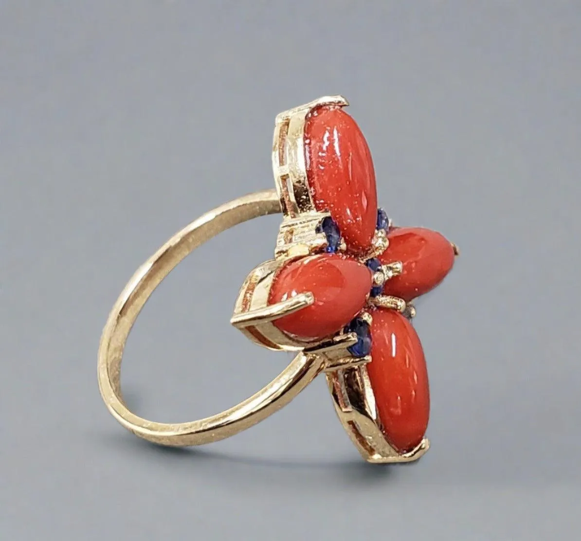 14k Gold Coral with Blue Sapphire Ring