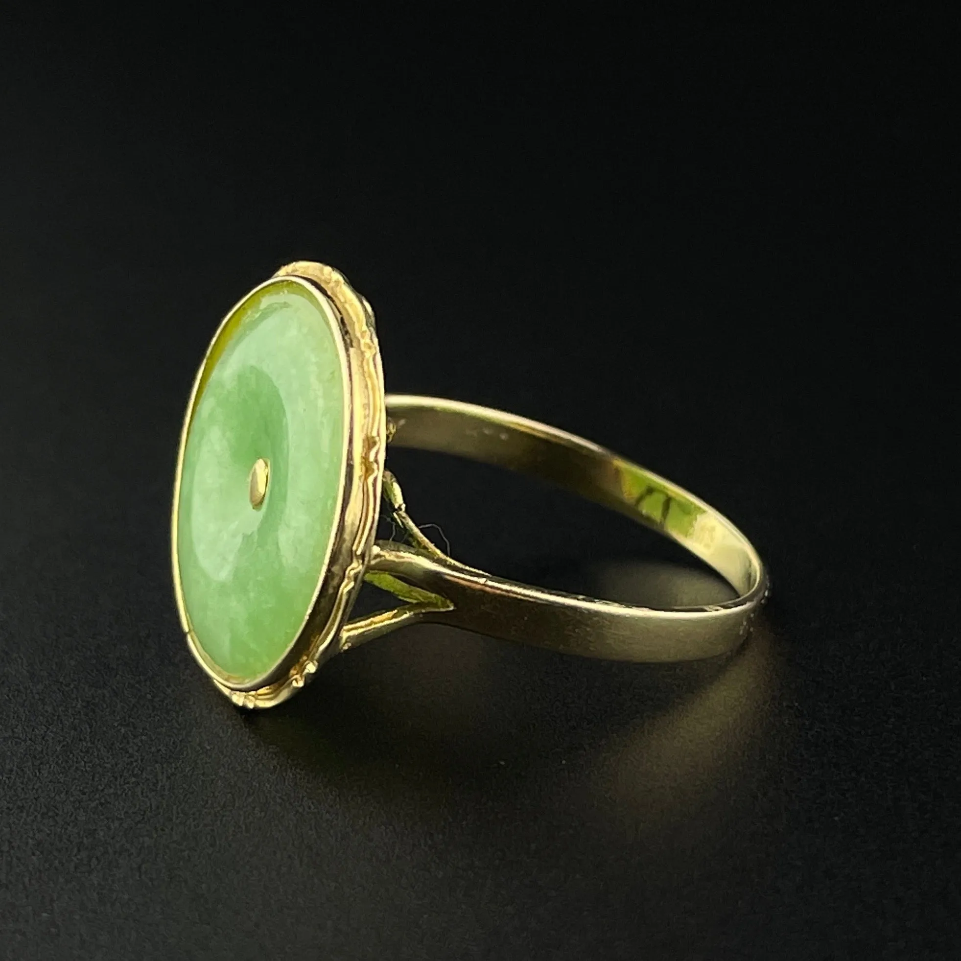 14K Gold Jade Disc Vintage Statement Ring, Sz 6