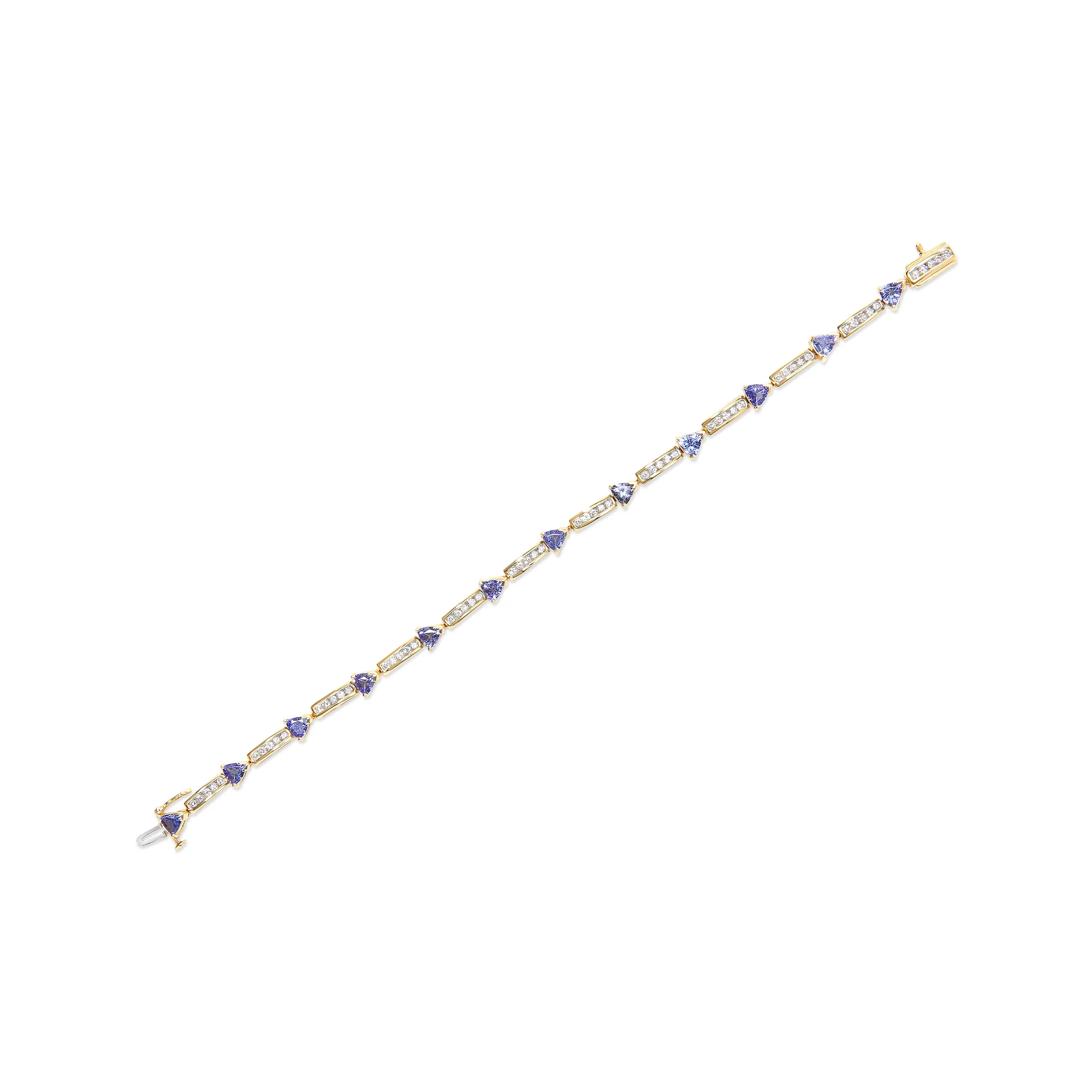 14K Yellow 5MM Trillion Cut Blue Tanzanite and 1 1/10 Cttw Diamond Tennis 7" Inches Bracelet