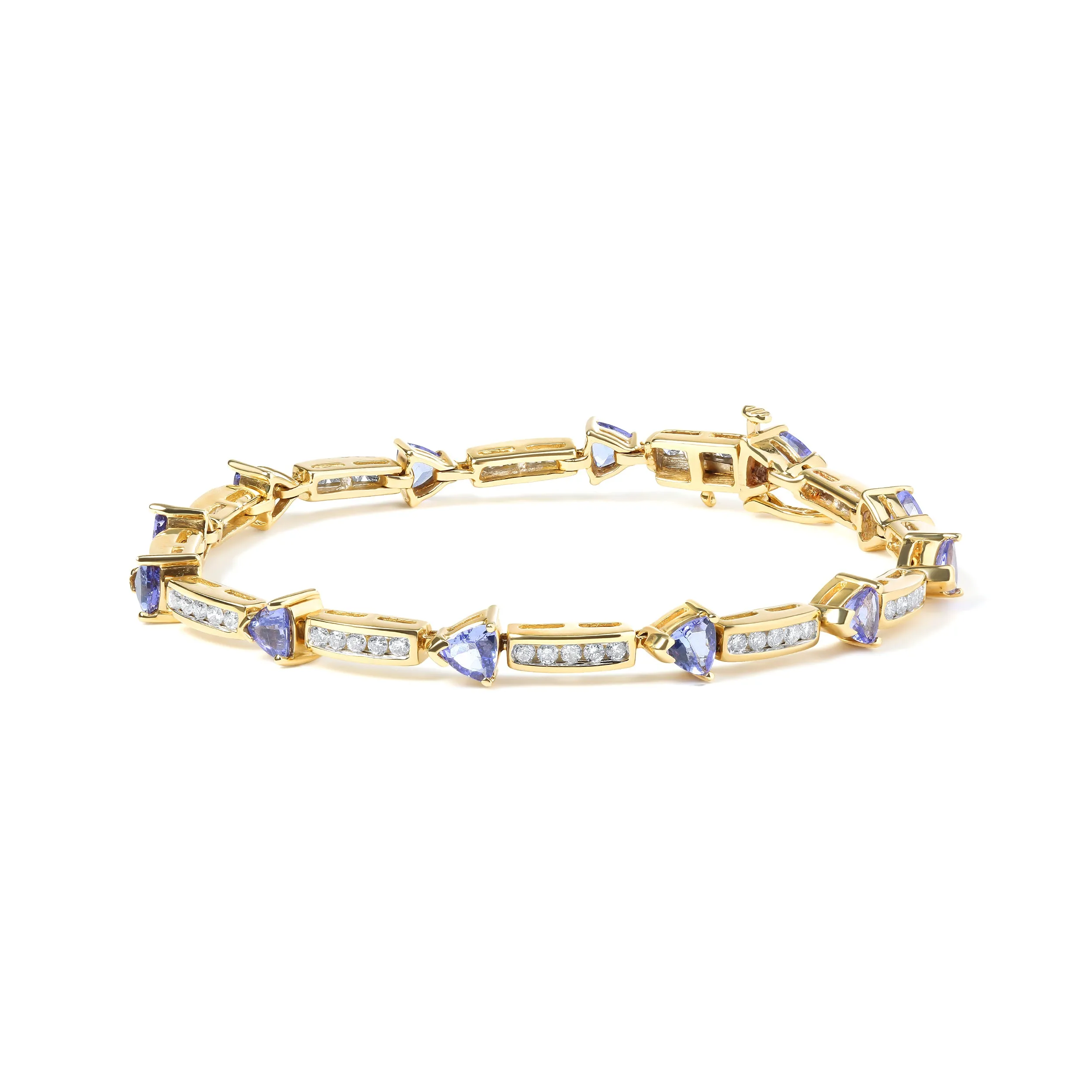 14K Yellow 5MM Trillion Cut Blue Tanzanite and 1 1/10 Cttw Diamond Tennis 7" Inches Bracelet