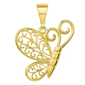 14k Yellow Gold Filigree Wing Flying Butterfly Pendant