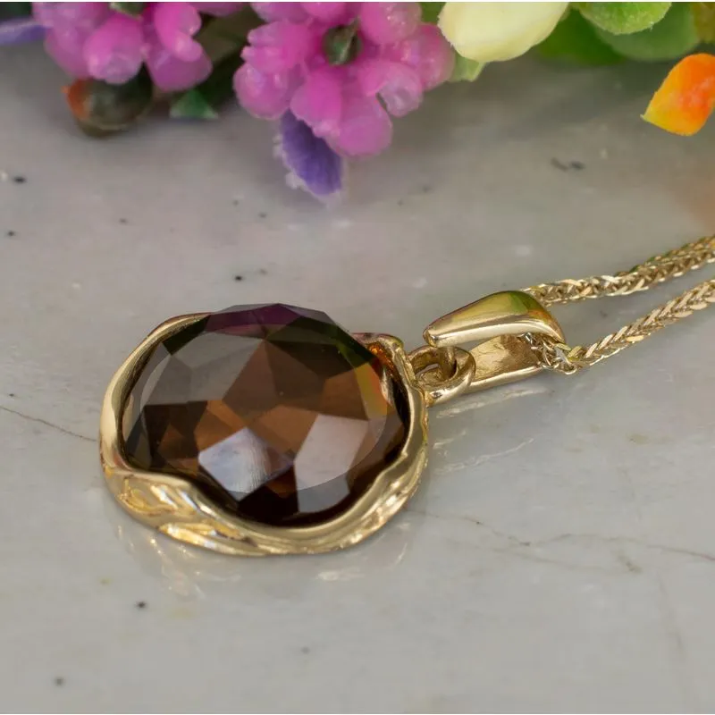 14K Yellow Gold Round Brown Smoky Quartz 12mm Pendant