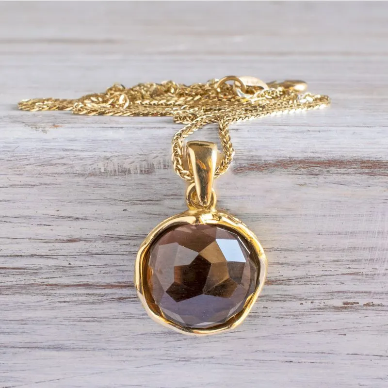 14K Yellow Gold Round Brown Smoky Quartz 12mm Pendant