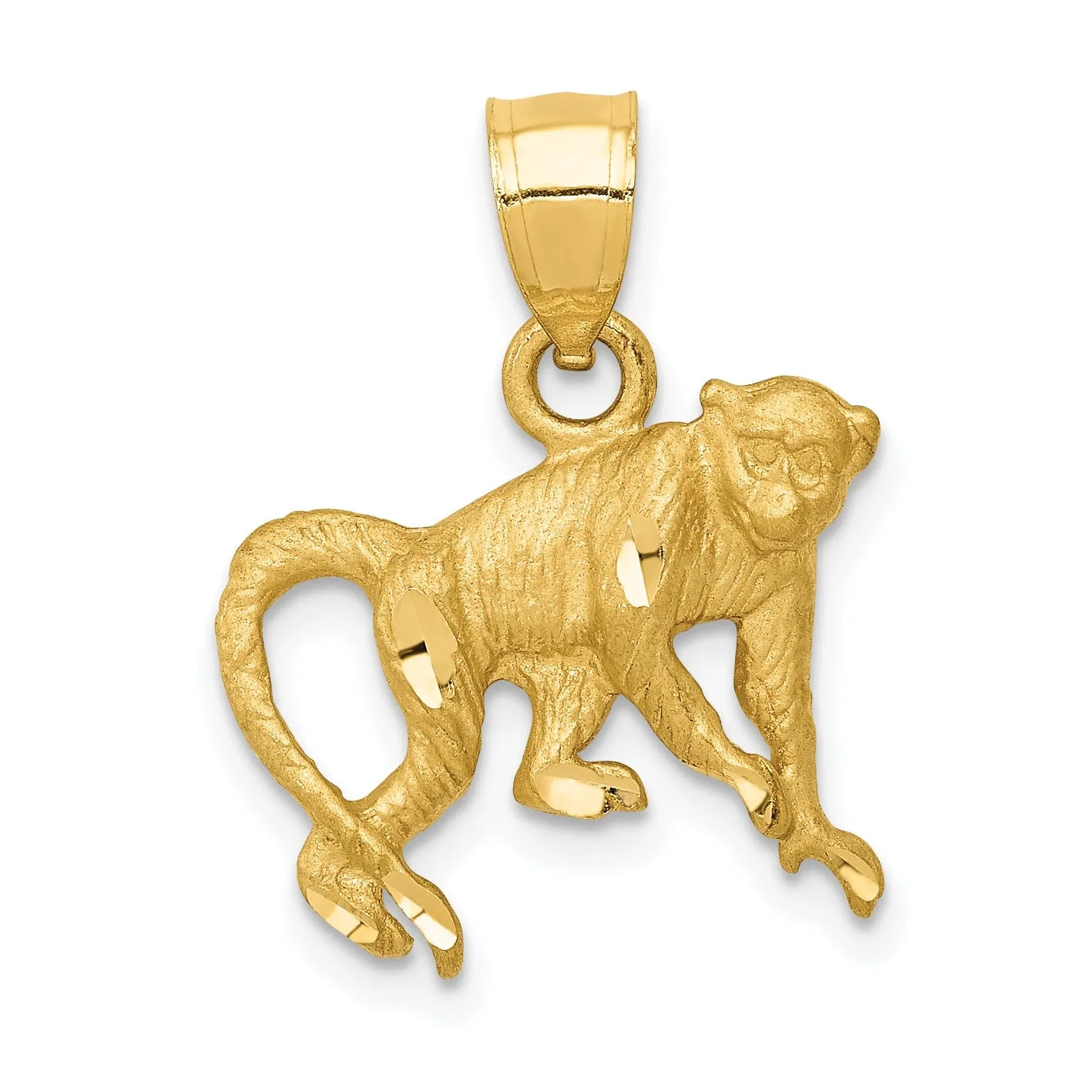 14K Yellow Gold Solid Brushed D.C Finish Monkey Charm Pendant