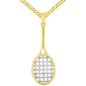 14k Yellow Gold Textured Tennis Racket Sports Pendant with Curb Chain Necklace