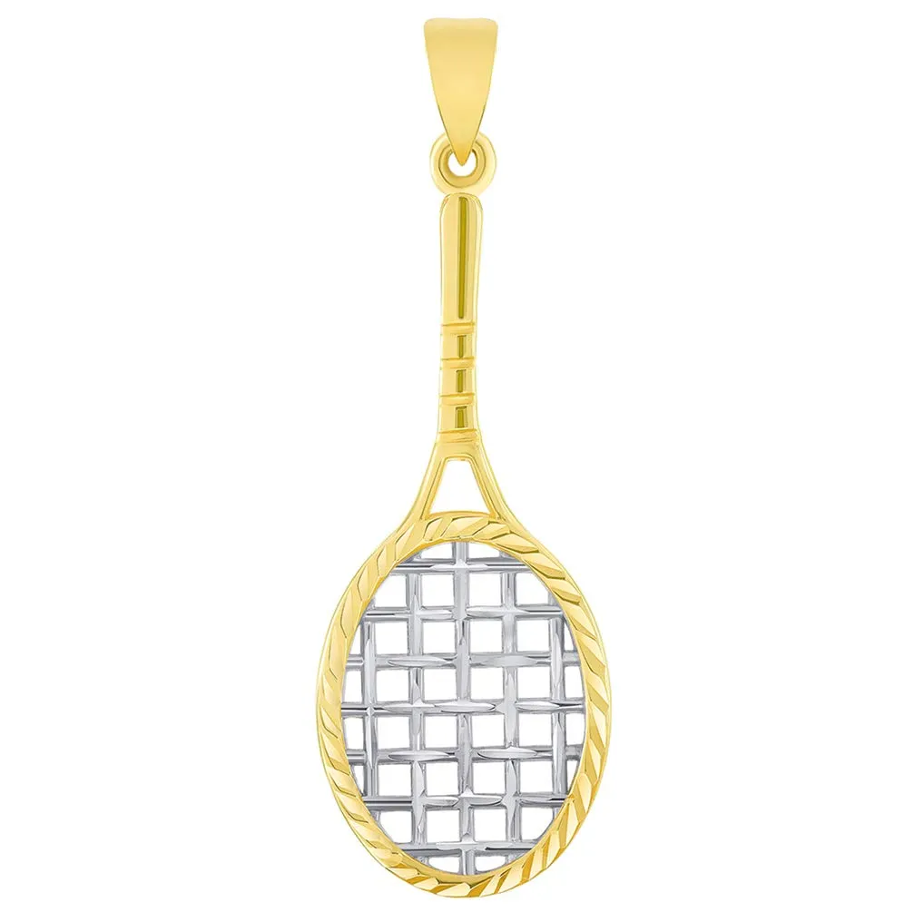 14k Yellow Gold Textured Tennis Racket Sports Pendant with Curb Chain Necklace