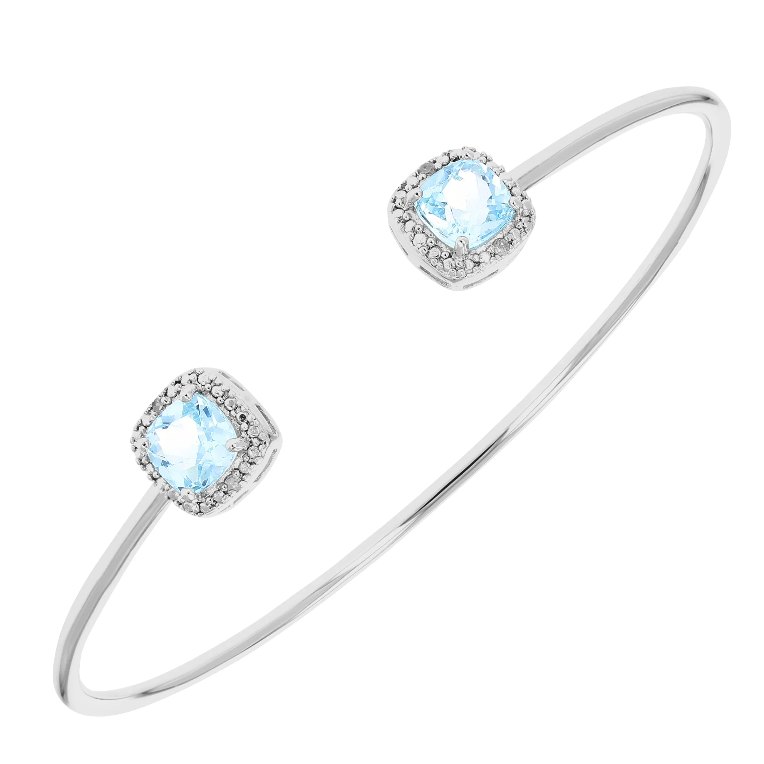 1.60 cttw Blue Topaz Bangle Bracelet Brass With Rhodium Plating 6 MM Cushion Cut