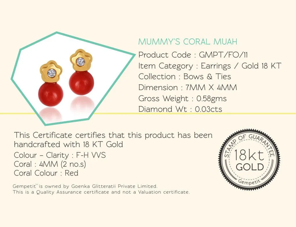 18K Gold Mummy's Coral Muah Earrings <br> Bows & Ties Collection