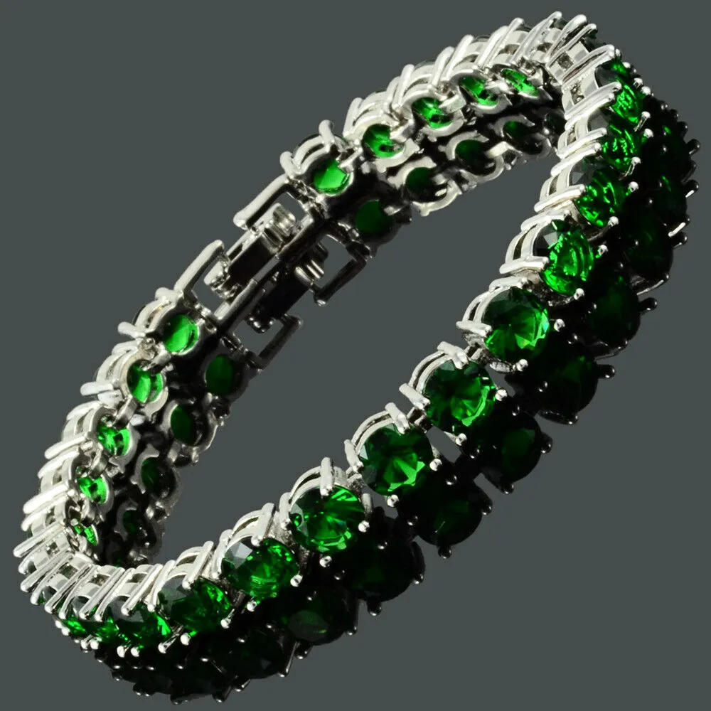 18K White Gold Plated Round Cut Simulated Emerald Tennis Bracelet