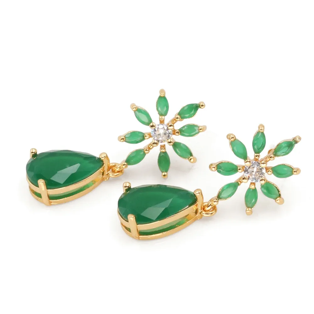 18k YGB Starburst Tear Drop Created Jade Dangle Earrings