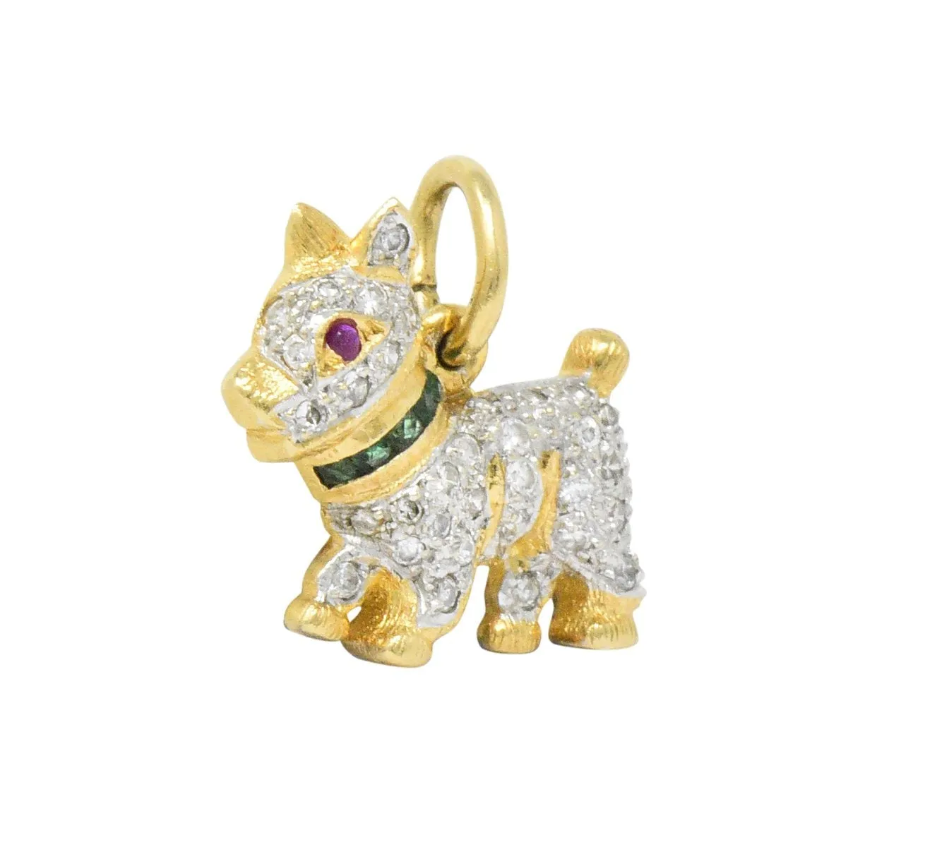 1980's Vintage 0.55 CTW Diamond Emerald 18 Karat Two-Tone Gold Scottie Terrier Charm