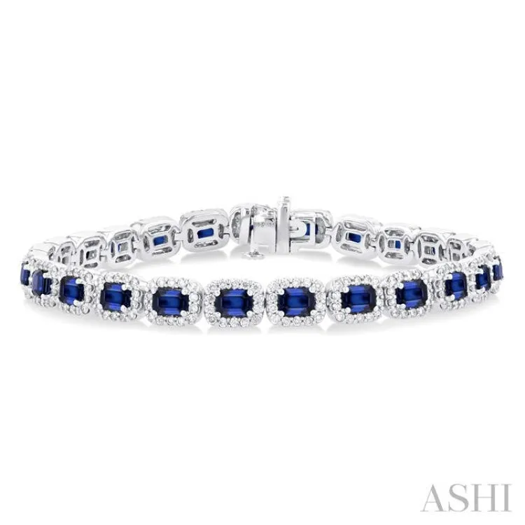 2 1/5 ctw 4X3 MM Sapphire and Round Cut Diamond Halo Precious Bracelet in 14K White Gold