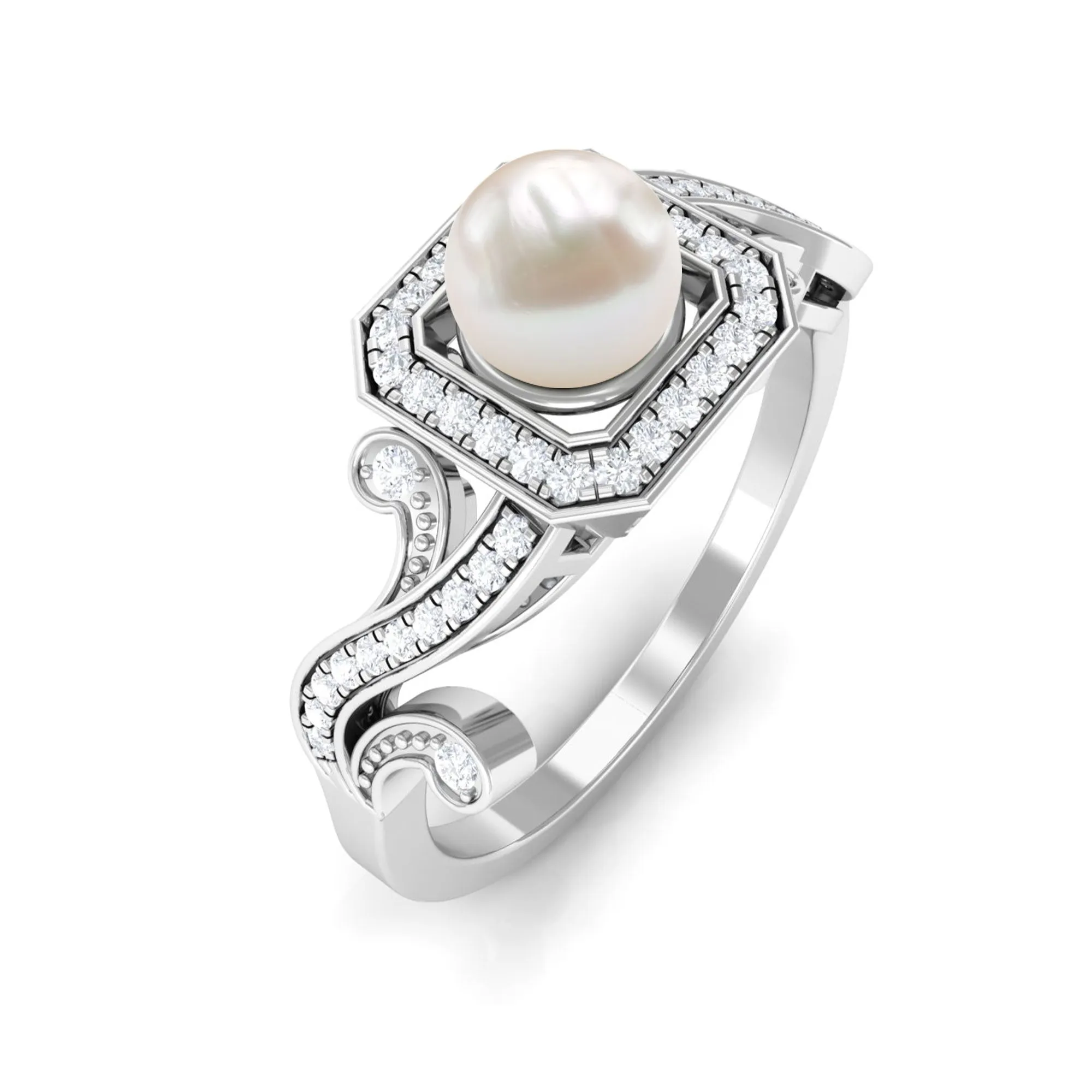 2.25 CT Freshwater Pearl and Diamond Vintage Engagement Ring