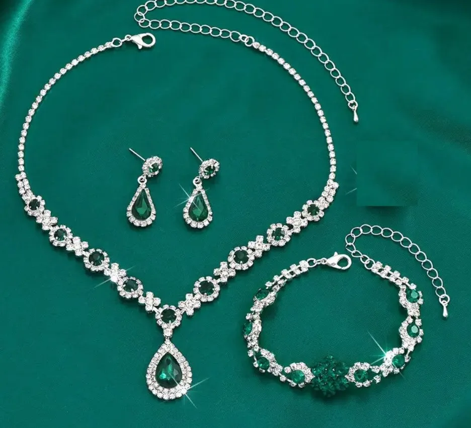 4pcs SILVER Emerald Green Jewelry Set l Rhinestone Earrings l Necklace l Bracelet l Prom l Wedding JS-926