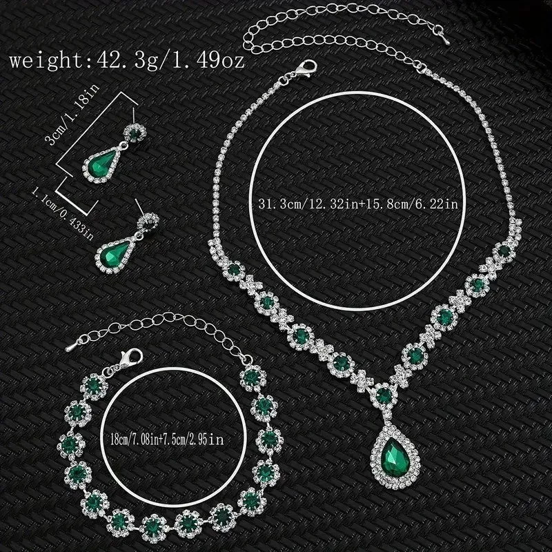 4pcs SILVER Emerald Green Jewelry Set l Rhinestone Earrings l Necklace l Bracelet l Prom l Wedding JS-926