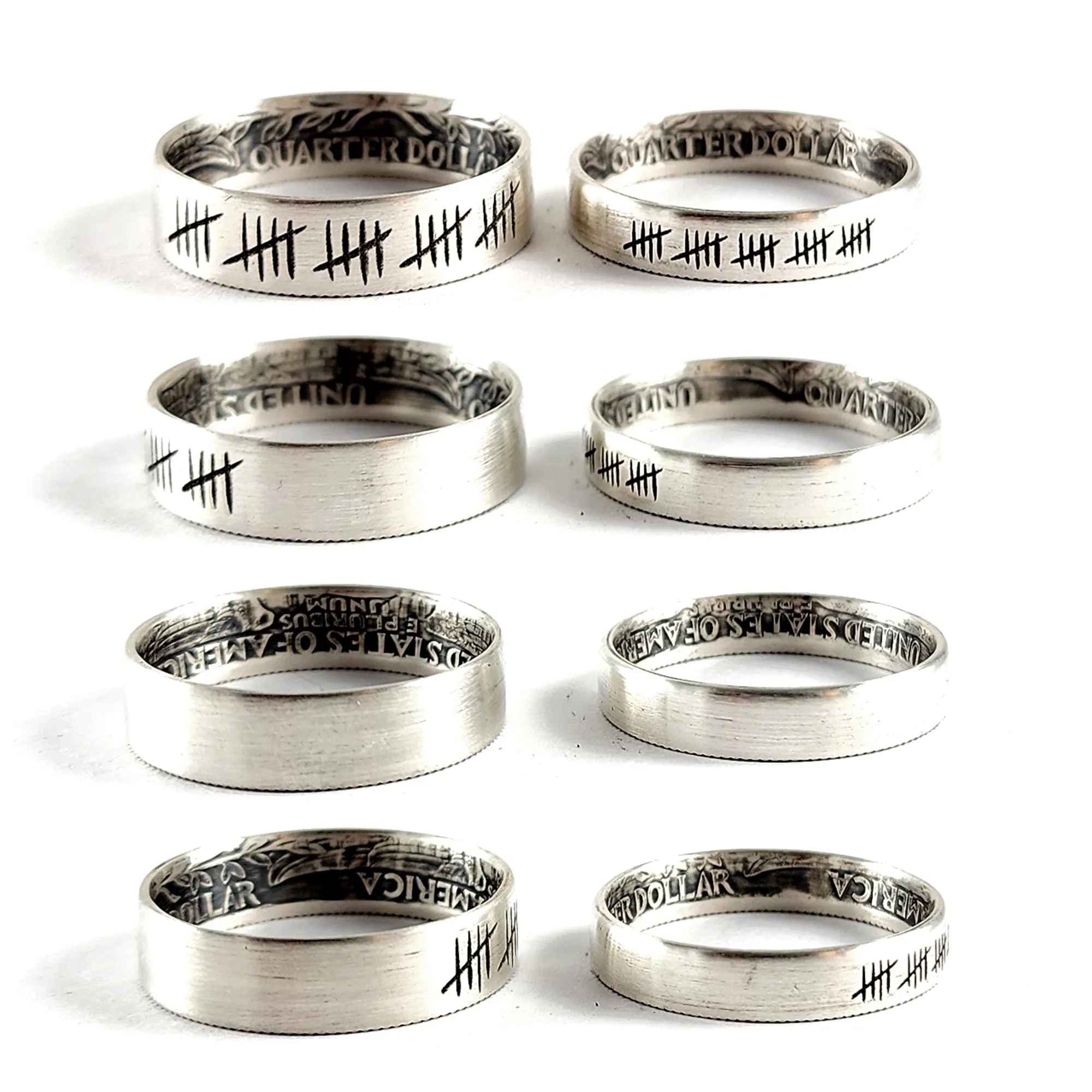 90% Silver Engraved 25 Tally Mark His & Hers Quarter Ring Set - 25th Anniversary Gift