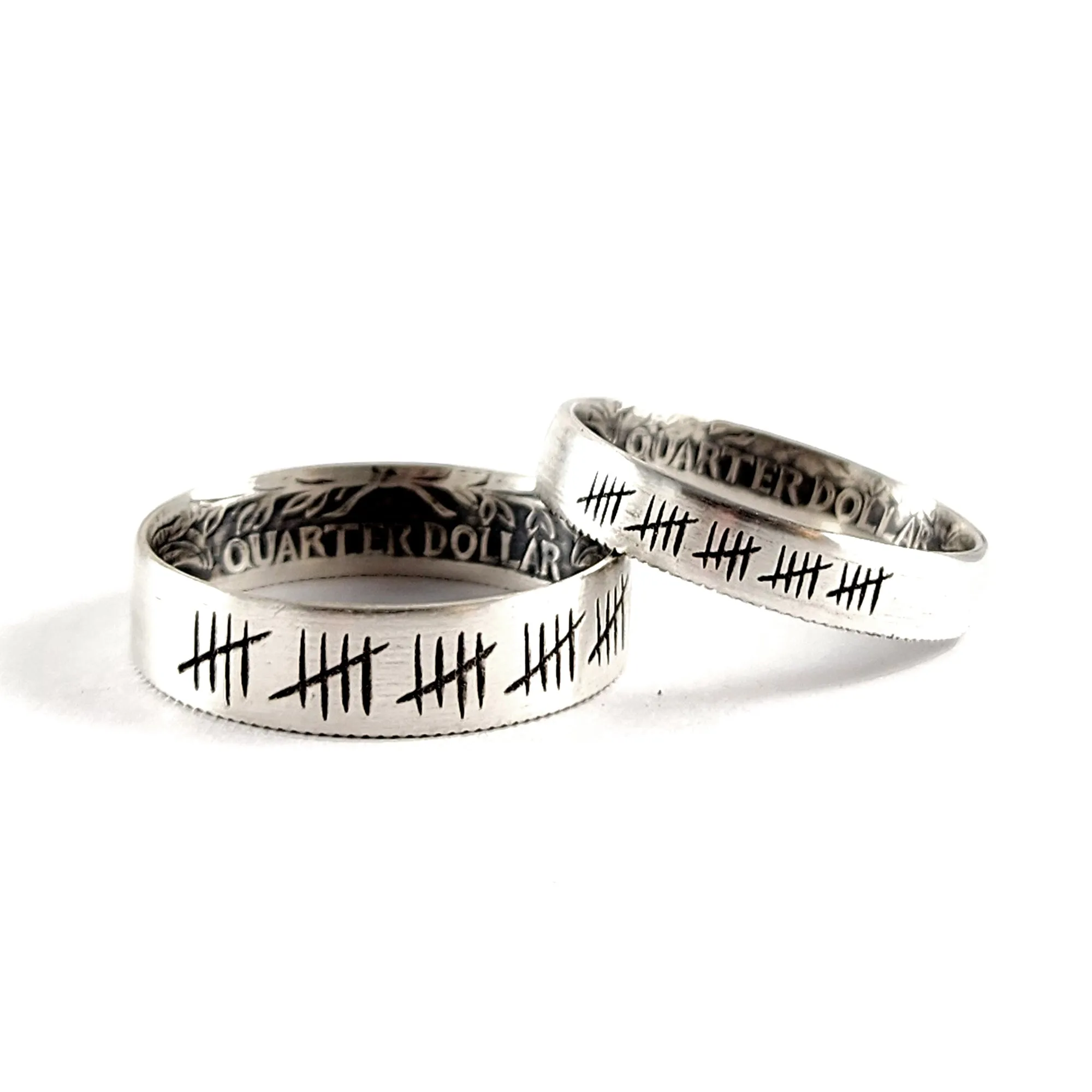 90% Silver Engraved 25 Tally Mark His & Hers Quarter Ring Set - 25th Anniversary Gift