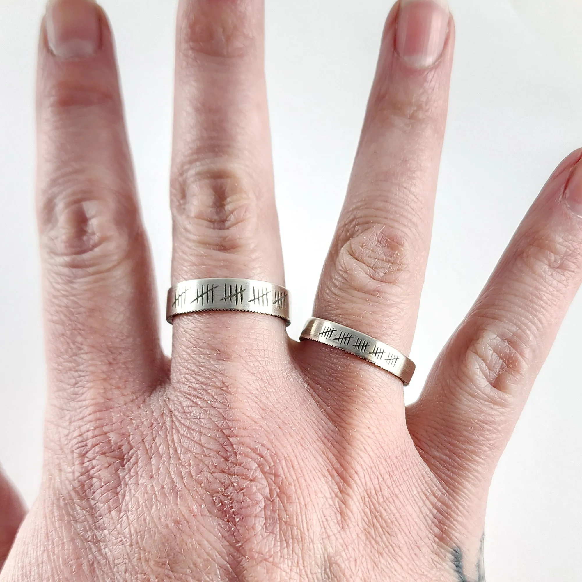 90% Silver Engraved 25 Tally Mark His & Hers Quarter Ring Set - 25th Anniversary Gift