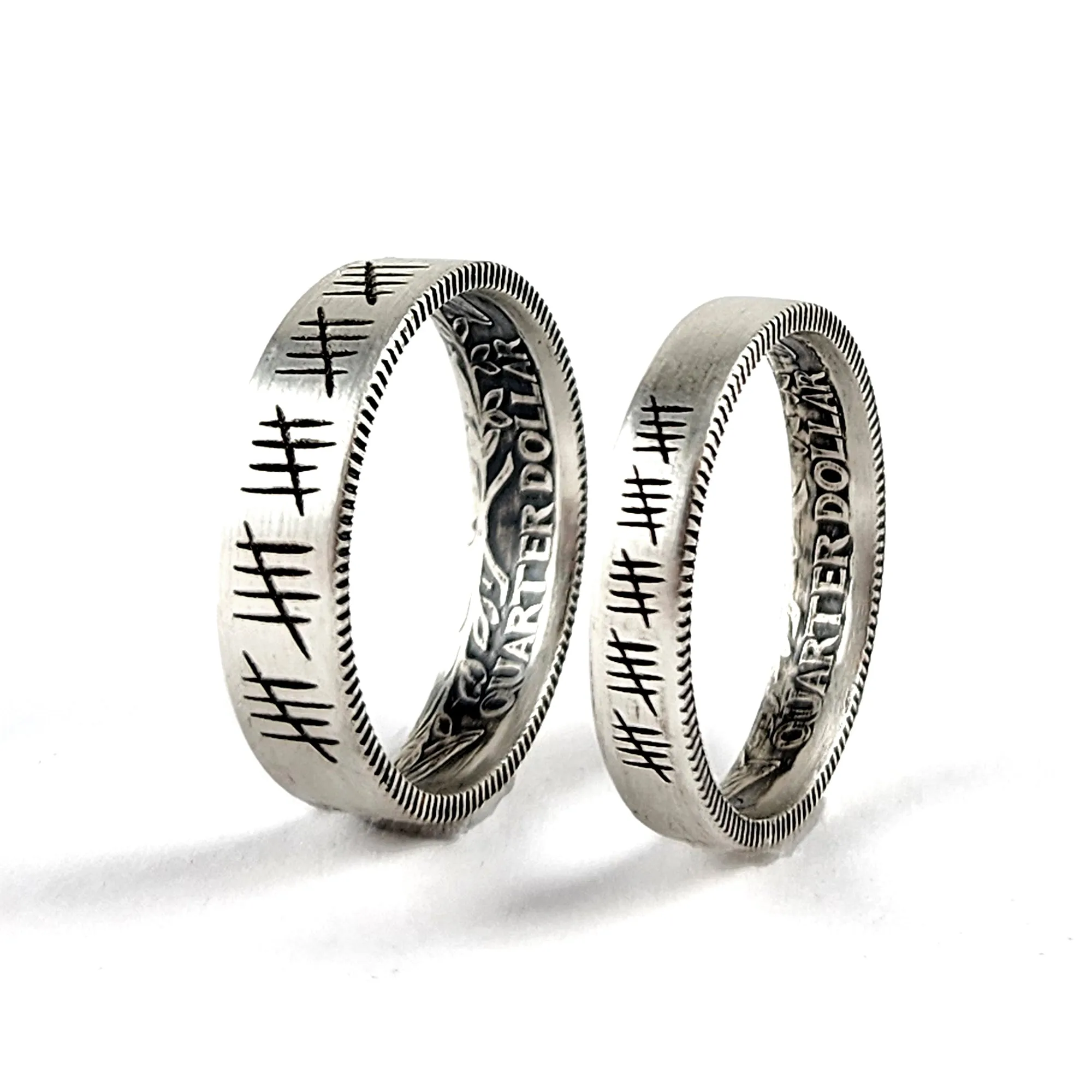 90% Silver Engraved 25 Tally Mark His & Hers Quarter Ring Set - 25th Anniversary Gift