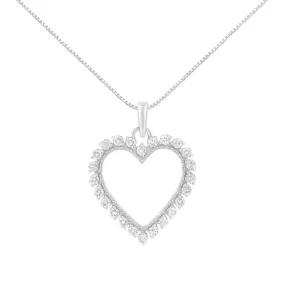 .925 Sterling Silver 1/2 Cttw Prong Set Diamond Encrusted Open Heart 18" Inch Pendant Necklace (I-J Color, I1-I2 Clarity)