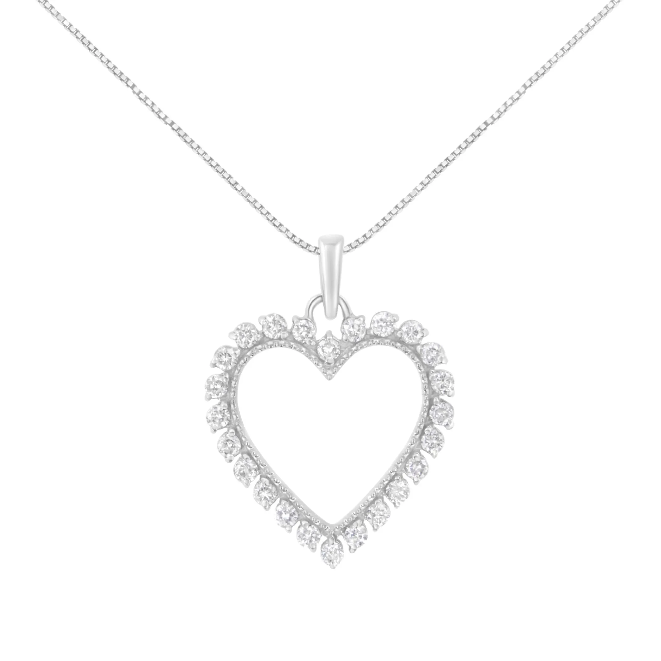 .925 Sterling Silver 1/2 Cttw Prong Set Diamond Encrusted Open Heart 18" Inch Pendant Necklace (I-J Color, I1-I2 Clarity)