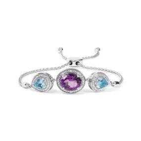 .925 Sterling Silver Oval Amethyst and Pear Blue Topaz with Diamond Accent Lariat 4”-10” Adjustable Bolo Bracelet