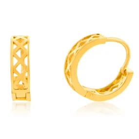 9ct Yellow Gold Inner Fretwork 10mm Huggies Earrings