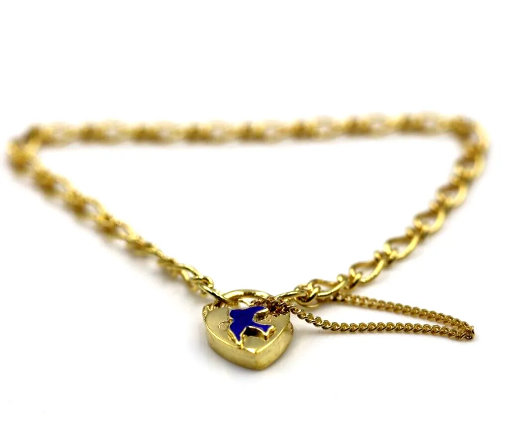 9ct Yellow Gold Oval Figaro Child Bracelet   Heart Padlock Blue Bird