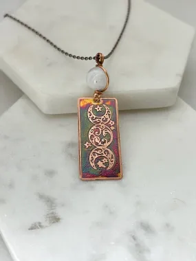 Acid etched copper and moonstone triple moon necklace