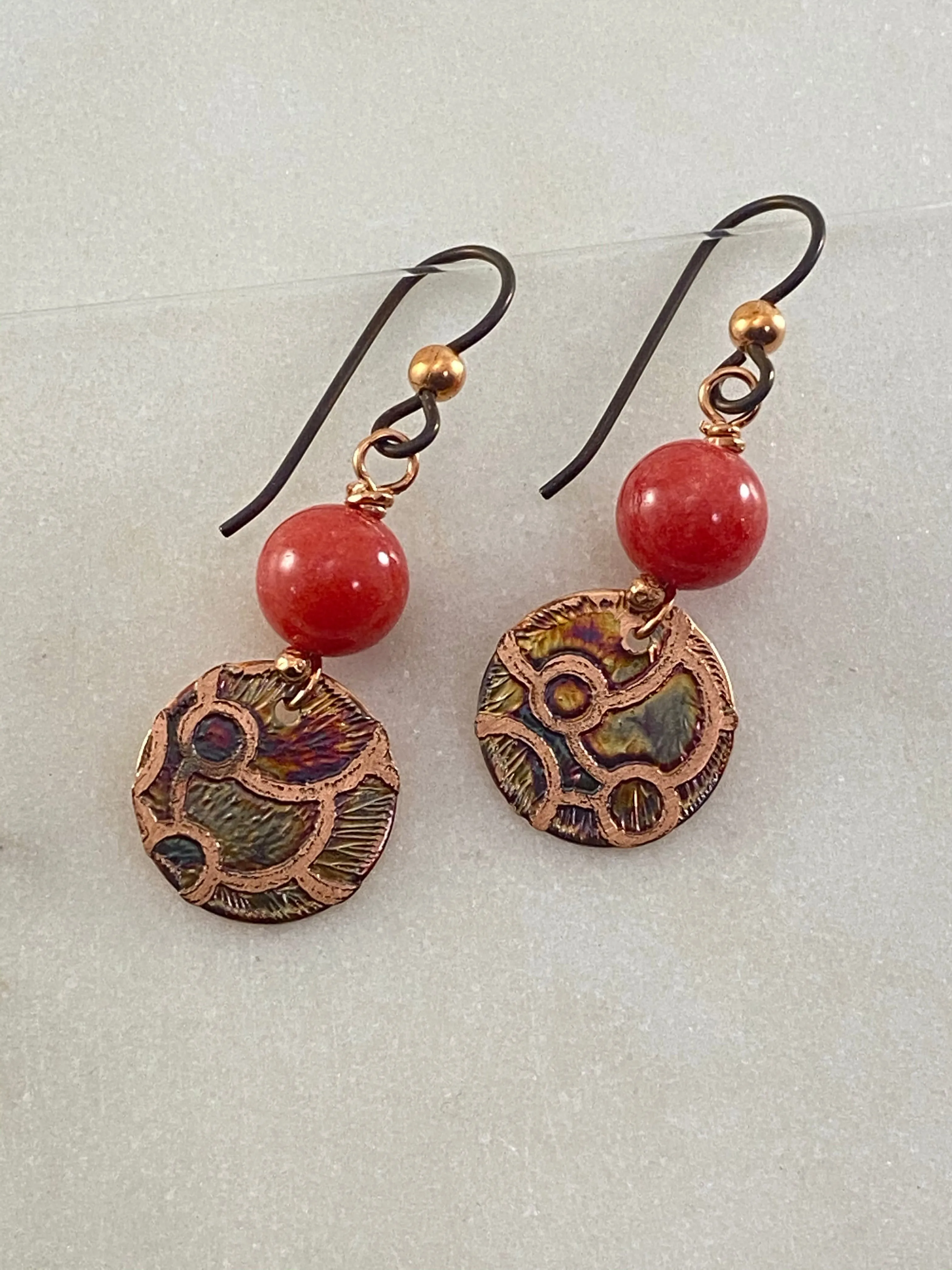 Acid etched copper earrings with coral