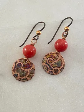 Acid etched copper earrings with coral