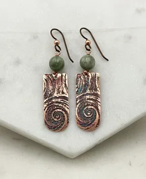 Acid etched copper earrings with jade gemstones